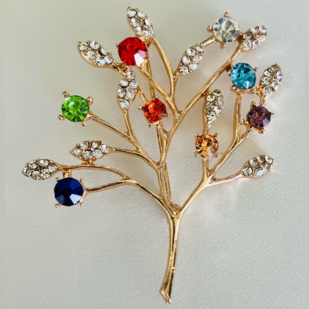 Elegant gold Tone Multicolor Crystal Tree Brooch